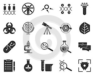 Electronic, heart, biology. Bioengineering glyph icons set. Biotechnology for health, researching, materials creating. Molecular