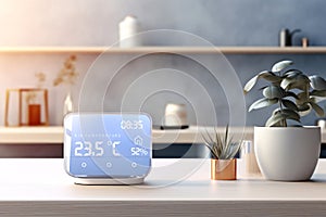 Electronic hygrometer, thermometer for temperature, humidity readings and smart connectivity for smart home system. Concept of