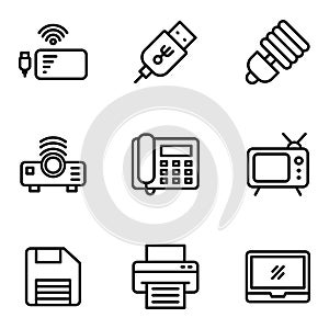 Electronic icon set include port,lamp,projector,telephone,television,printer,laptop