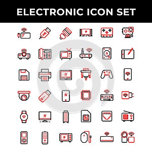Electronic icon set include power bank,Port,lamp,Projector,telephone,television,storage,printer,laptop,camera,flash drive,smart