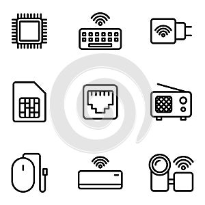 Electronic icon set include processor,keyboard,charger,radio,mouse,camera