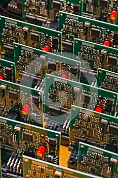 Electronic Ideas. Close-up Shoot of Automotive Printed Circuit Boards with Soldered SMD or Surface Mounted Components