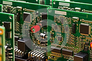Electronic Ideas. Extreme Close-up of Produced Automotive Printed Circuit Boards with Soldered SMD or Surface Mounted Components