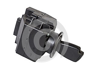 Electronic ignition lock made of metal with a key and a button made of black plastic on a white isolated background in a