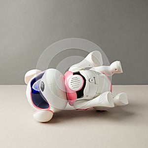 Electronic interactive toy dog puppy on a gray background, high technology concept, pet of the future, electronic home