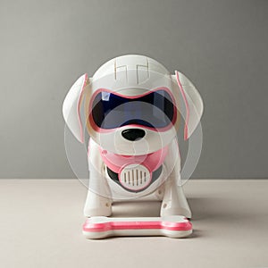 Electronic interactive toy dog puppy on a gray background, high technology concept, pet of the future, electronic home, copy space