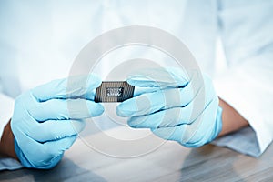 Electronic Lab Science and Manufacturing Computer Processor Concept, Engineer CPU Microchip Development Holding Circuit CPU for