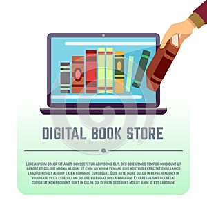 Electronic library, online documents, digital book store, books on computer screen vector education concept