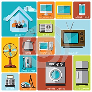 Electronic Machine And House Flat Icon Set