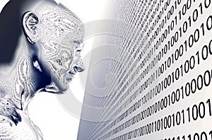 Electronic man looking at computer screen.