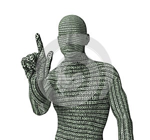 Electronic man pressing virtual computer screen