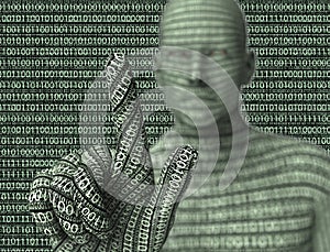 Electronic man pressing virtual computer screen