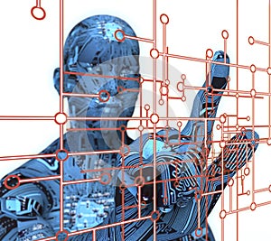 Electronic man pressing virtual computer screen