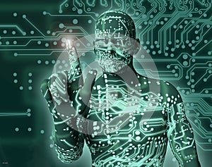 Electronic man pressing virtual computer screen