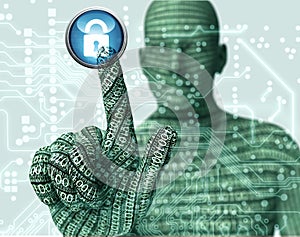 Electronic man pressing virtual computer screen