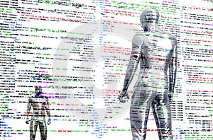 Electronic man pressing virtual computer screen