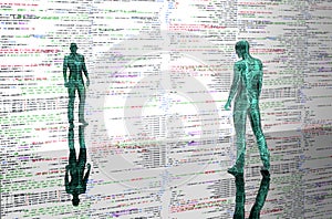 Electronic man pressing virtual computer screen