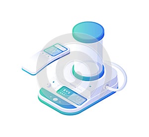 Electronic medical inhaler isometric vector. White modern device with control panel for treatment and prevention.