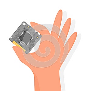Electronic Microcircuit in hand. The microprocessor and computer chip icon. Computer component central processing unit CPU.