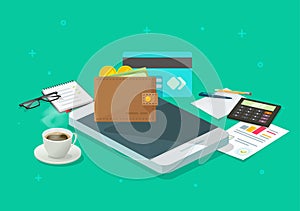 Electronic money audit via cellphone or mobile phone vector icon, flat cartoon smartphone and cash income research or