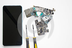 Electronic motherboard, isometric processor microchip of mobile phone, digital communication, people and technologies