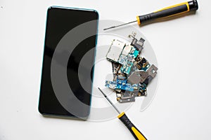 Electronic motherboard, isometric processor microchip of mobile phone, digital communication, people and technologies