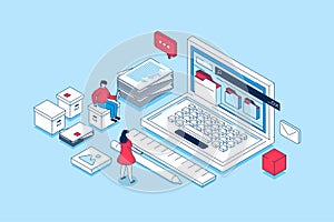 Electronic organization files concept in 3d isometric design. People working with digital database, organizing files in folders on