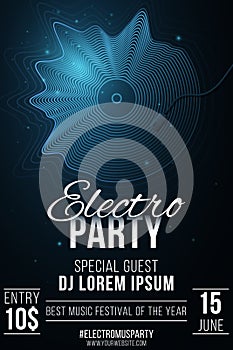 Electronic party poster. Retro musical plate made of glowing abstract wavy shapes. Night dance invitation. Electro music disco.