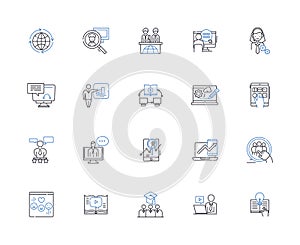 Electronic population line icons collection. Cyborgs, Droids, Robots, Automatons, AI, Androids, Machines vector and photo