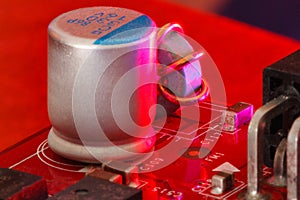 Electronic Printed Circuit Board with Electronic components in red