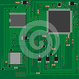 Electronic printed circuit Board . Electronics technology . Chip , resistance ,transistor , resistor . Vector illustration .