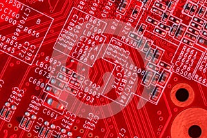 Electronic Printed Circuit Board in red with Electronic components- top view