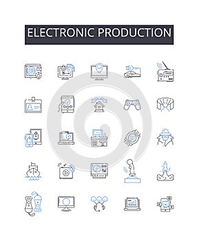 Electronic production line icons collection. Vigorous, Energetic, Dynamic, Agile, Robust, Determined, Piering vector and