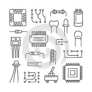 Electronic radio components. Set of microchip, diode, transistor capacitor, resistor. Computer parts.