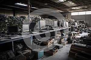 electronic recycling center, with bins of discarded electronic devices ready to be recycled and reused