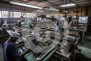 electronic recycling facility, with staff sorting through and recycling e-waste