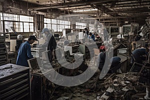 electronic recycling facility, with workers dismantling and disposing of e-waste