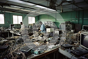 electronic recycling facility, with workers sorting and dismantling e-waste