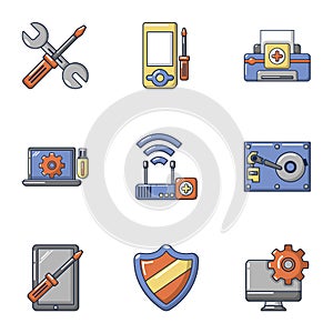 Electronic repair icons set, cartoon style