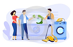 Electronic repair in service center vector illustration, cartoon flat family people pay for professional repairing home