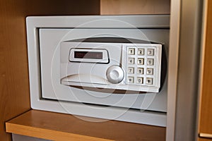 Electronic safe in hotel`s wardrobe