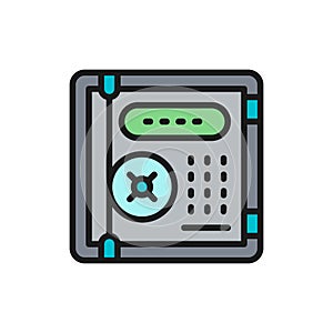 Electronic safe, personal protection, cryptography flat color line icon.