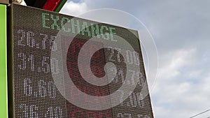 Electronic scoreboard with the exchange rate on the street. Exchange rate near the exchange office. Table of rates usd, eur, pln,