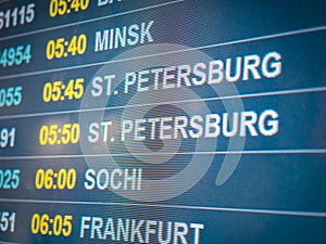 Electronic scoreboard flights and airlines. Destinations: Simferopol, Bahrain, Minsk, St.Petersburg, Sochi, Frankfurt