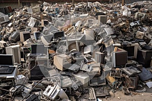 electronic scrapyard, with piles of old computers, phones and other devices