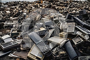 electronic scrapyard, with piles of old computers, phones and other devices