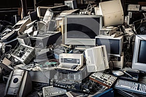 electronic scrapyard, with piles of old computers, phones and other devices
