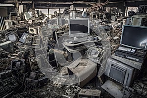 electronic scrapyard, with piles of old computers, phones and other devices