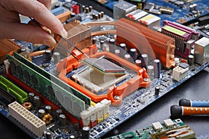 Computer processor chip disassembling close up