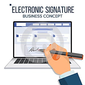 Electronic Signature Laptop Vector. Financial Business Agreement. Web Contract. Online Document. Isolated Flat